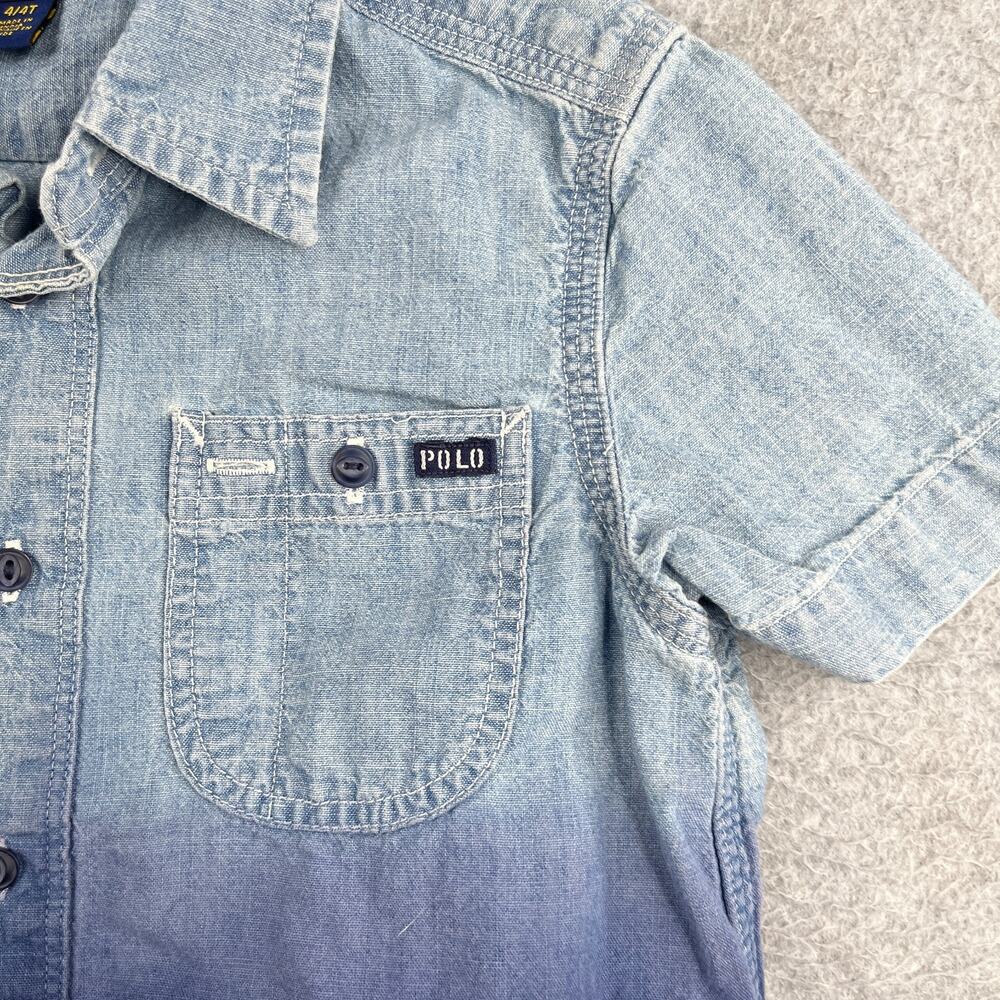 Polo Ralph Lauren Toddler 4T Short Sleeve Shirt Navy Ombre Denim Style Pocket - Picture 2 of 7